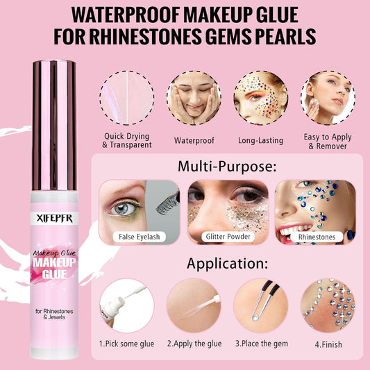 7159Pcs Face Gems Eyes Jewels with Makeup Glue, Flatback Colorful Rhinestone, Crystal Ab&Clear Gems, White&Beige Pearls with Tweezers Dotting Tools for Face Makeup, Nail Art, Craft Decorations