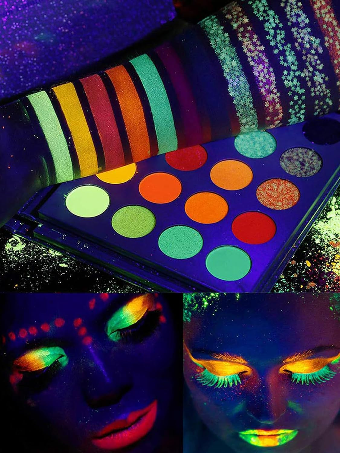 Neon Eyeshadow Glow Palette UV Glow Blacklight Matte and Glitter, 24 Colors Highly Pigmented Eyeshadow Kit with 4 Brushes for Face Body Makeup