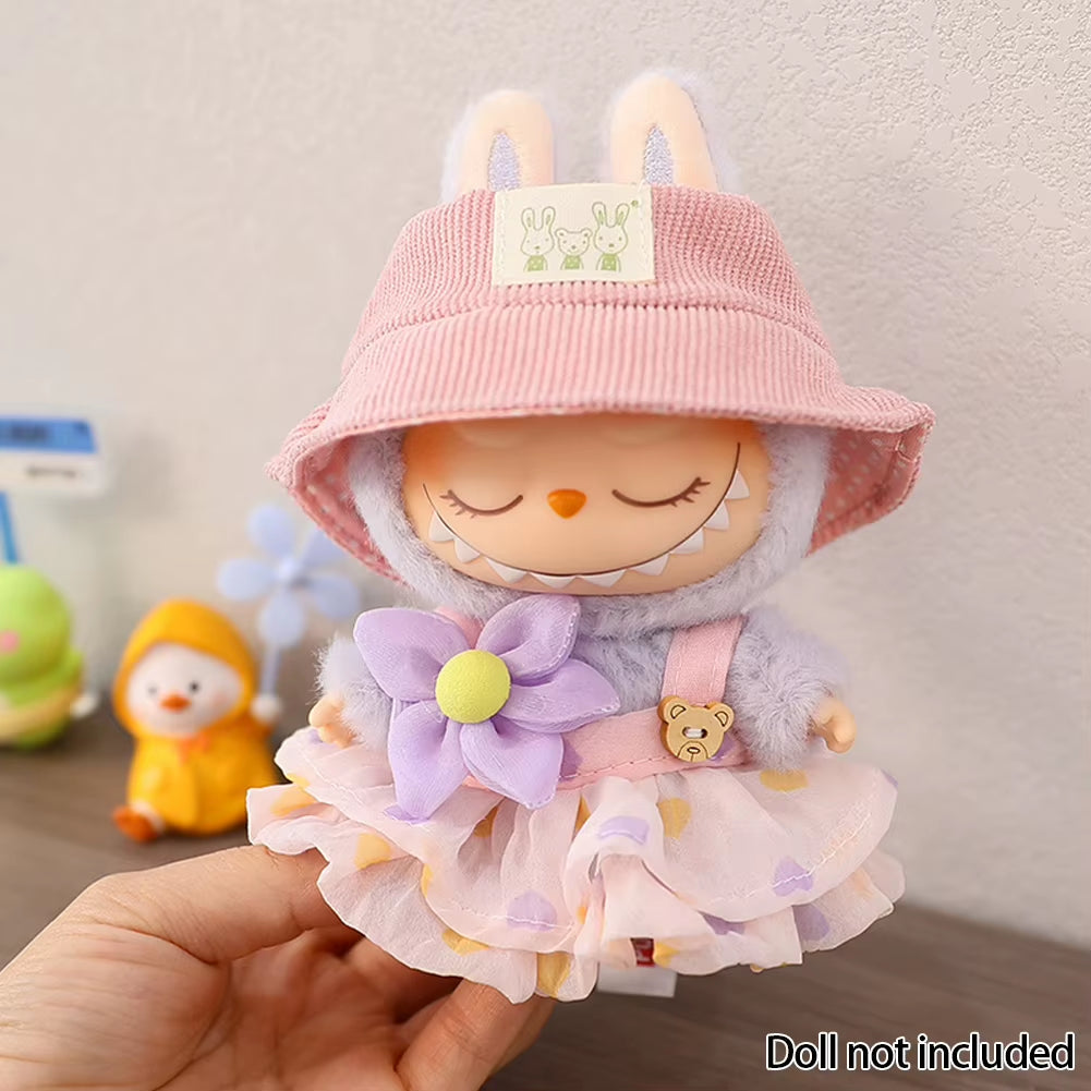 Adorable Labubu Doll Outfit Set - Wrinkled Skirt, Flower Hairpin & Fisherman Hat for 17cm Dolls