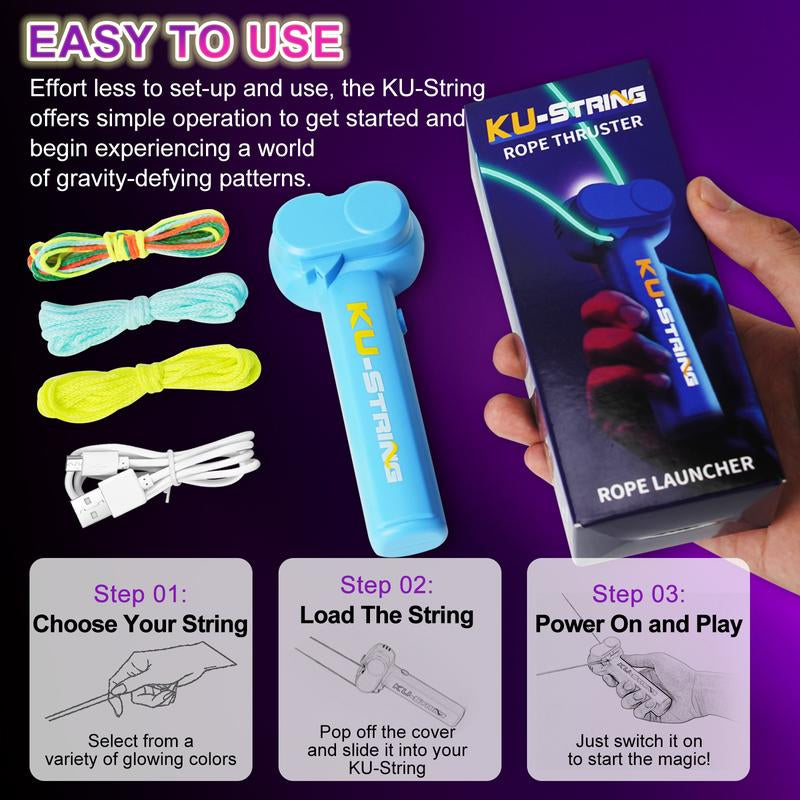 Glow-In-The-Dark String Shooter Toy W/ Dual Built-In UV Blacklights-Safe Fun for Adults & Kids - Rope Launcher Gift