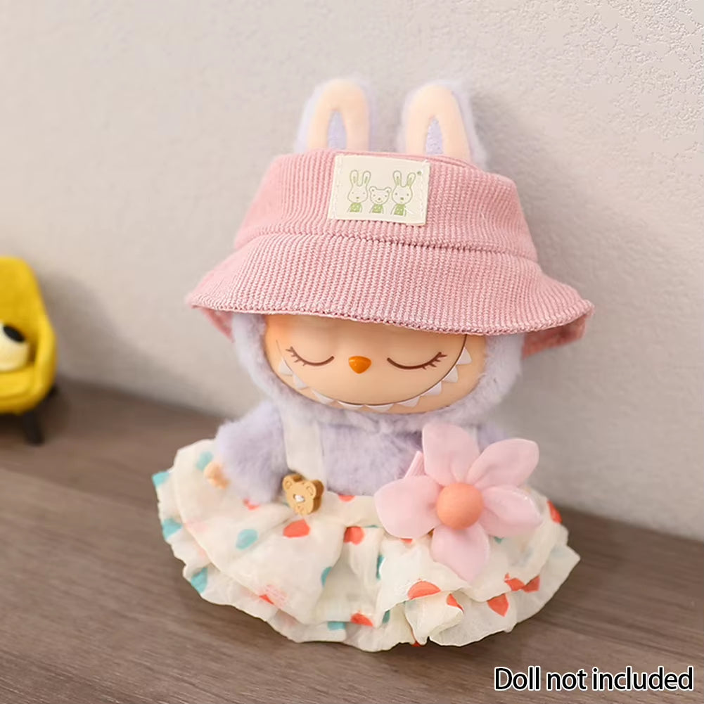 Adorable Labubu Doll Outfit Set - Wrinkled Skirt, Flower Hairpin & Fisherman Hat for 17cm Dolls
