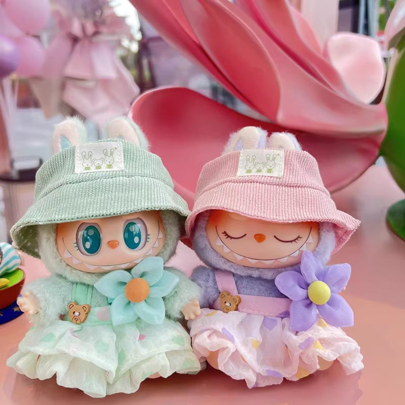 Adorable Labubu Doll Outfit Set - Wrinkled Skirt, Flower Hairpin & Fisherman Hat for 17cm Dolls