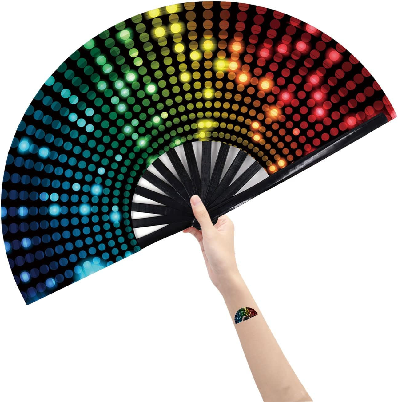 Large Folding Hand Rave Fan for Women/Men, Chinease/Japanese Bamboo and Nylon-Cloth Handheld Fans, Perfect for Cooling, Dance, Decoration & Wedding (DJ Lighting)