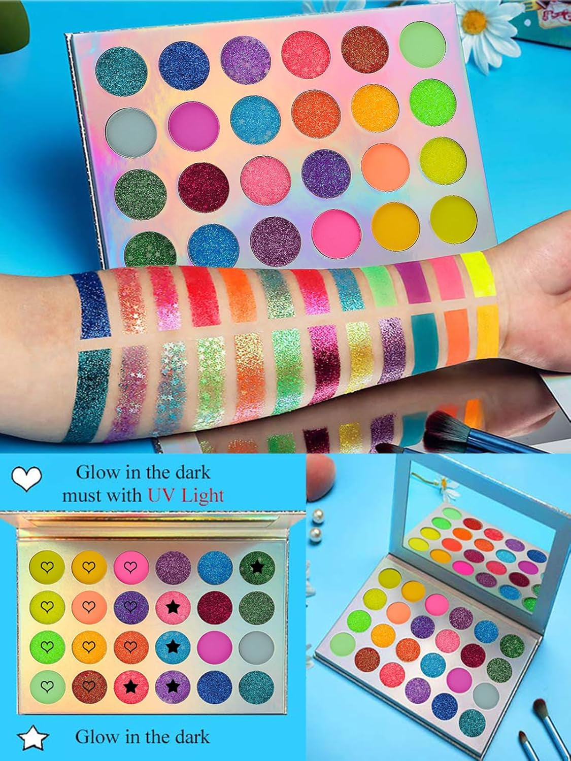 Neon Eyeshadow Glow Palette UV Glow Blacklight Matte and Glitter, 24 Colors Highly Pigmented Eyeshadow Kit with 4 Brushes for Face Body Makeup