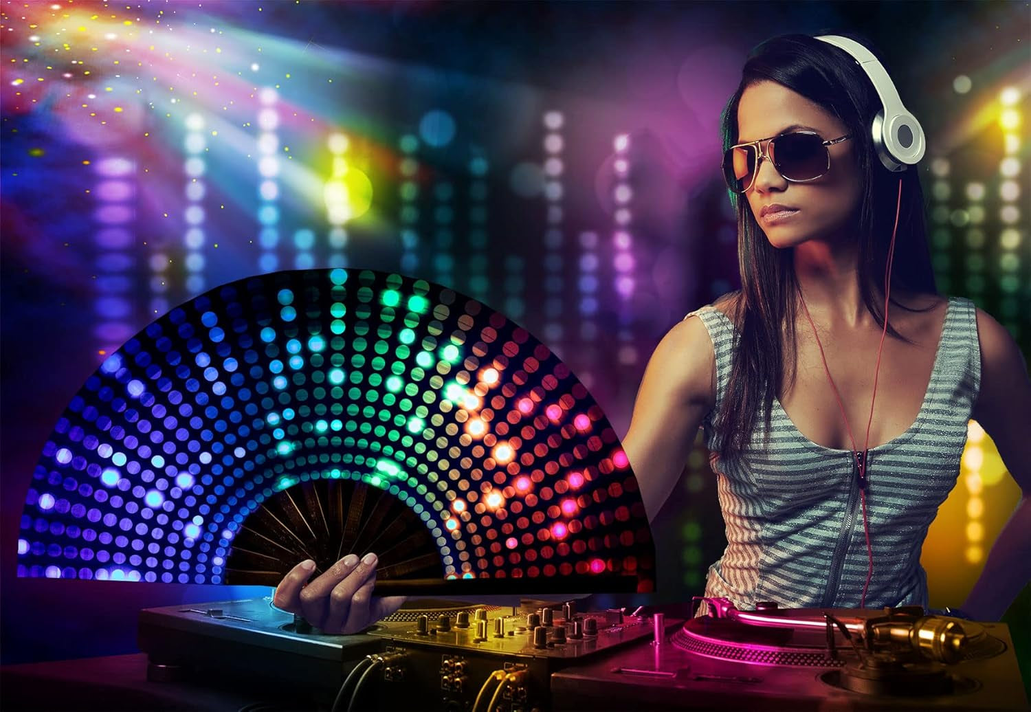 Large Folding Hand Rave Fan for Women/Men, Chinease/Japanese Bamboo and Nylon-Cloth Handheld Fans, Perfect for Cooling, Dance, Decoration & Wedding (DJ Lighting)