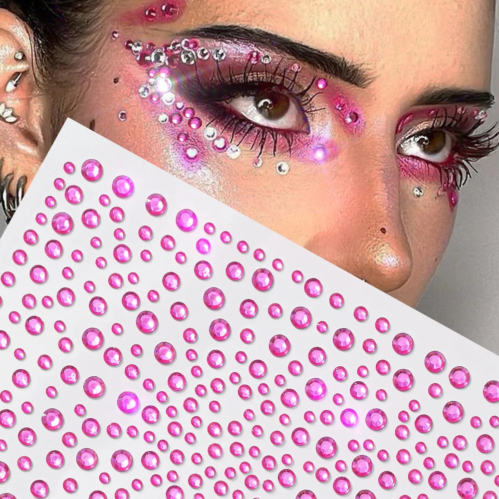 1Sheet 900Pcs Rainbow Face Glittle Gem Stickers Stick-On Facial Tattoo Eye Rhinestone Jewels 3/4/5Mm Mix Wedding Party Make Up