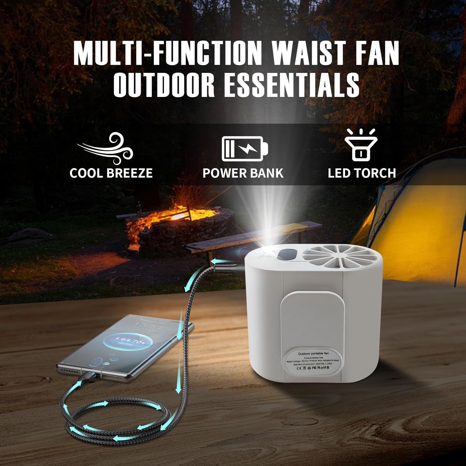 7000Mah Portable Waist Clip Fan, with LED Flashlight, 30H Cooling Personal Wearable Fan, 4-Speed 10000RPM Powerful and Silent Waist Fan, Rechargeable Hands-Free Fan for Outdoor Jobsite Camping