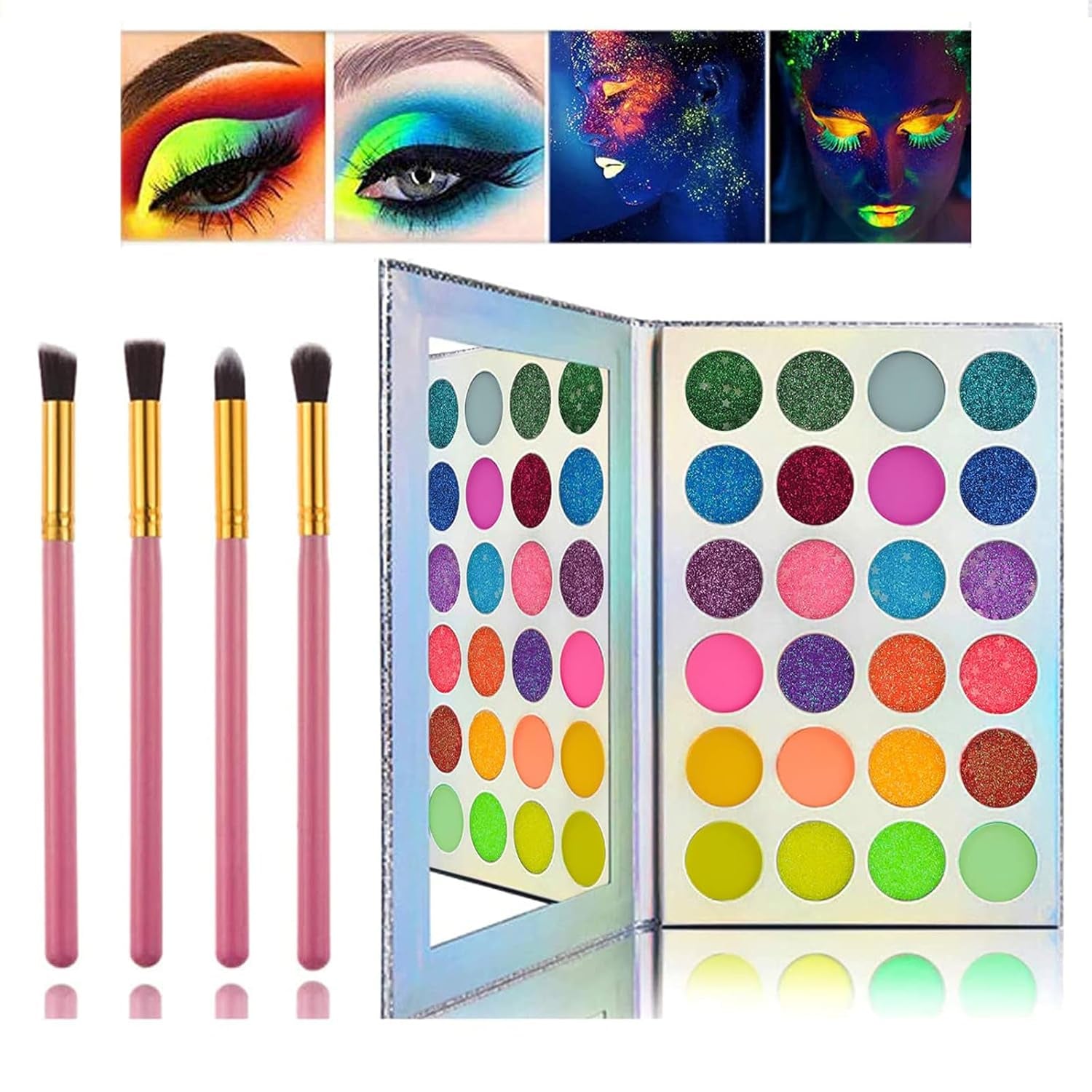 Neon Eyeshadow Glow Palette UV Glow Blacklight Matte and Glitter, 24 Colors Highly Pigmented Eyeshadow Kit with 4 Brushes for Face Body Makeup