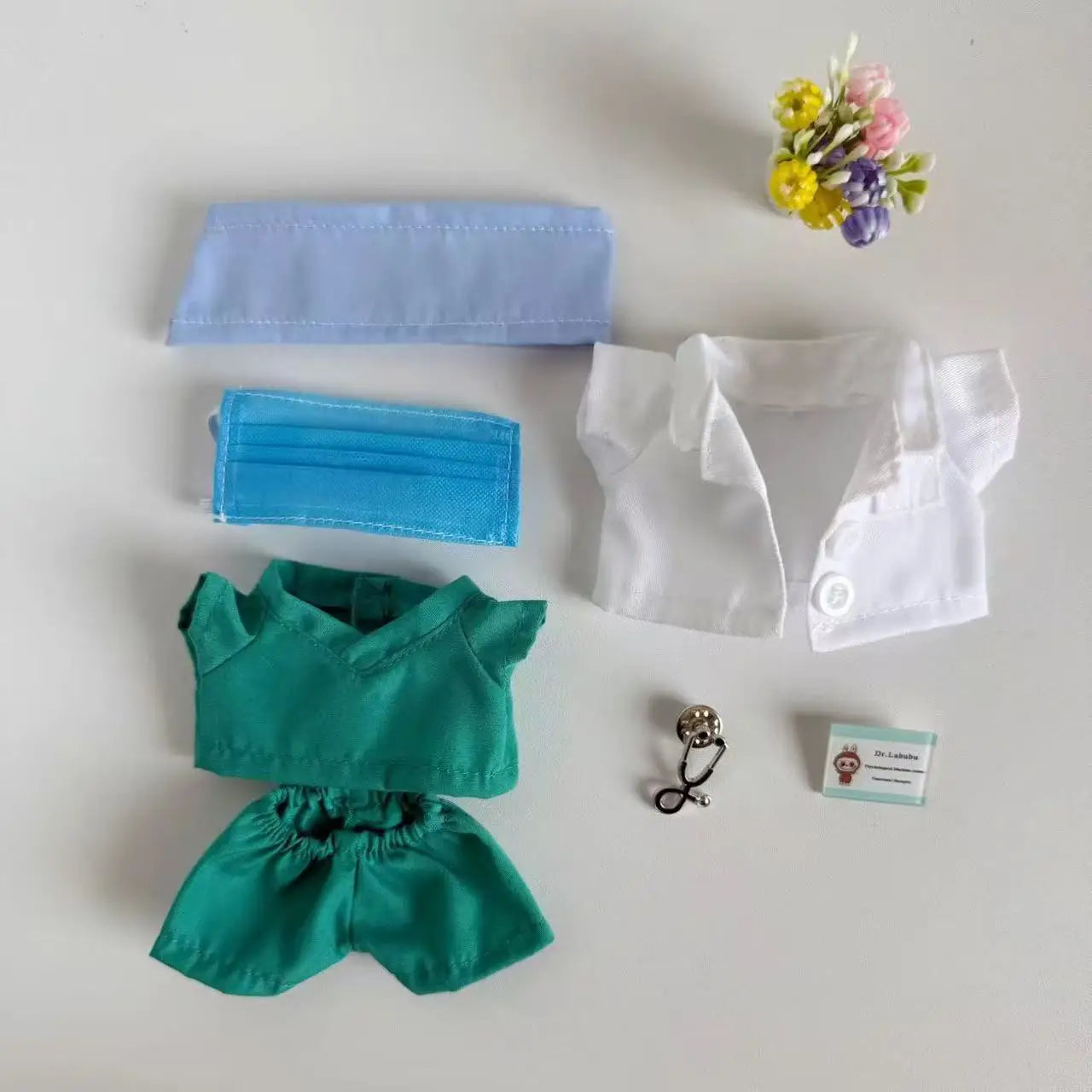 Hot Labubu Doctor Uniform Set Green Blue Surgeon Uniform 6-Piece Outfit Mini Plush Doll Clothing Fashion Doll Accessories