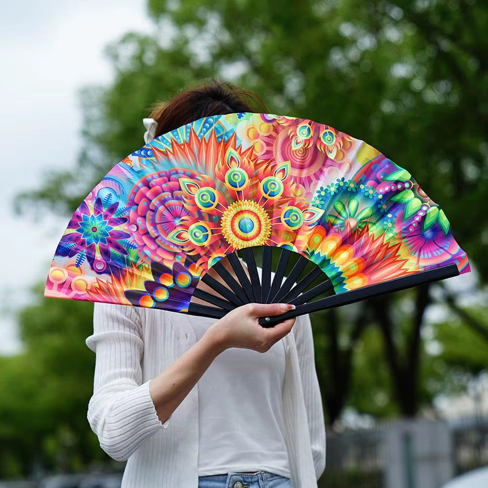 33Cm Large Folding Hand Rave Fan Chinease/Japanese Gradient Colorful Reflective Foldable Fan Music Festival Fan Dance Fan Gifts