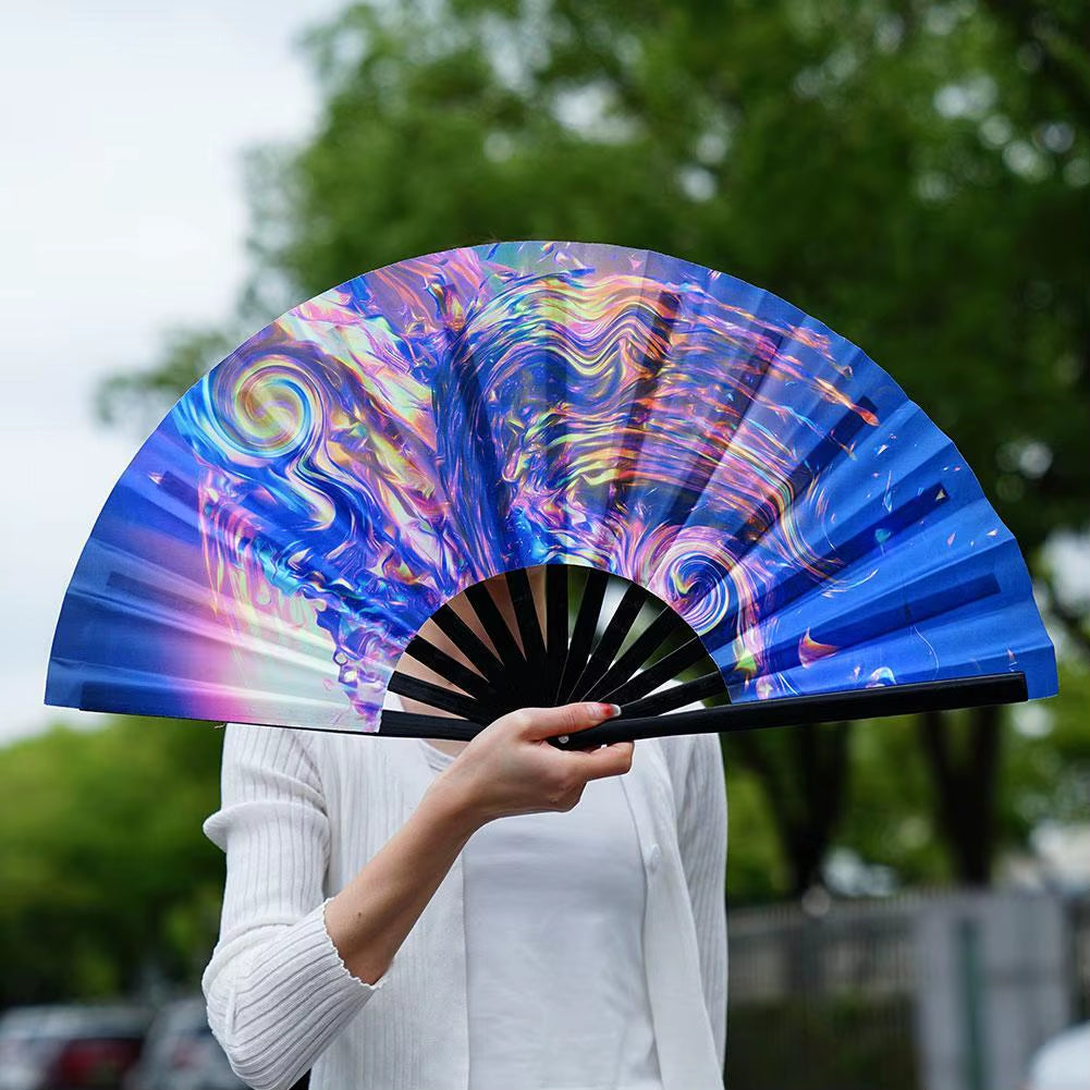 33Cm Large Folding Hand Rave Fan Chinease/Japanese Gradient Colorful Reflective Foldable Fan Music Festival Fan Dance Fan Gifts