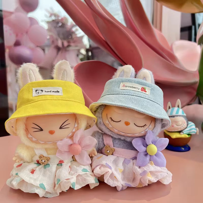 Adorable Labubu Doll Outfit Set - Wrinkled Skirt, Flower Hairpin & Fisherman Hat for 17cm Dolls