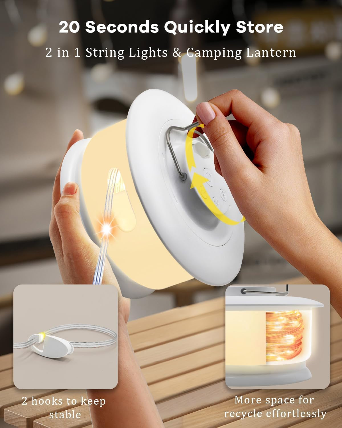 Camping String Lights, RGB Retractable String Lights Camping with 19 Lighting Modes, Quick 20S Recovery, 33FT Portable Camping Lights, Waterproof, Rechargeable Tent Lights for Yard Bedroom Decor