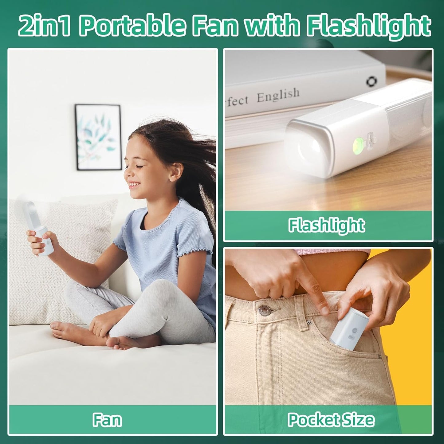 2-Pack Rechargeable Fan with Flashlight, 2In1 Mini Handheld Fans with Light, Pocket USB-C Rechargeable Hand Fans, Portable Fans Cooling and Lighting Solution for Summer Travel Camping Outdoor