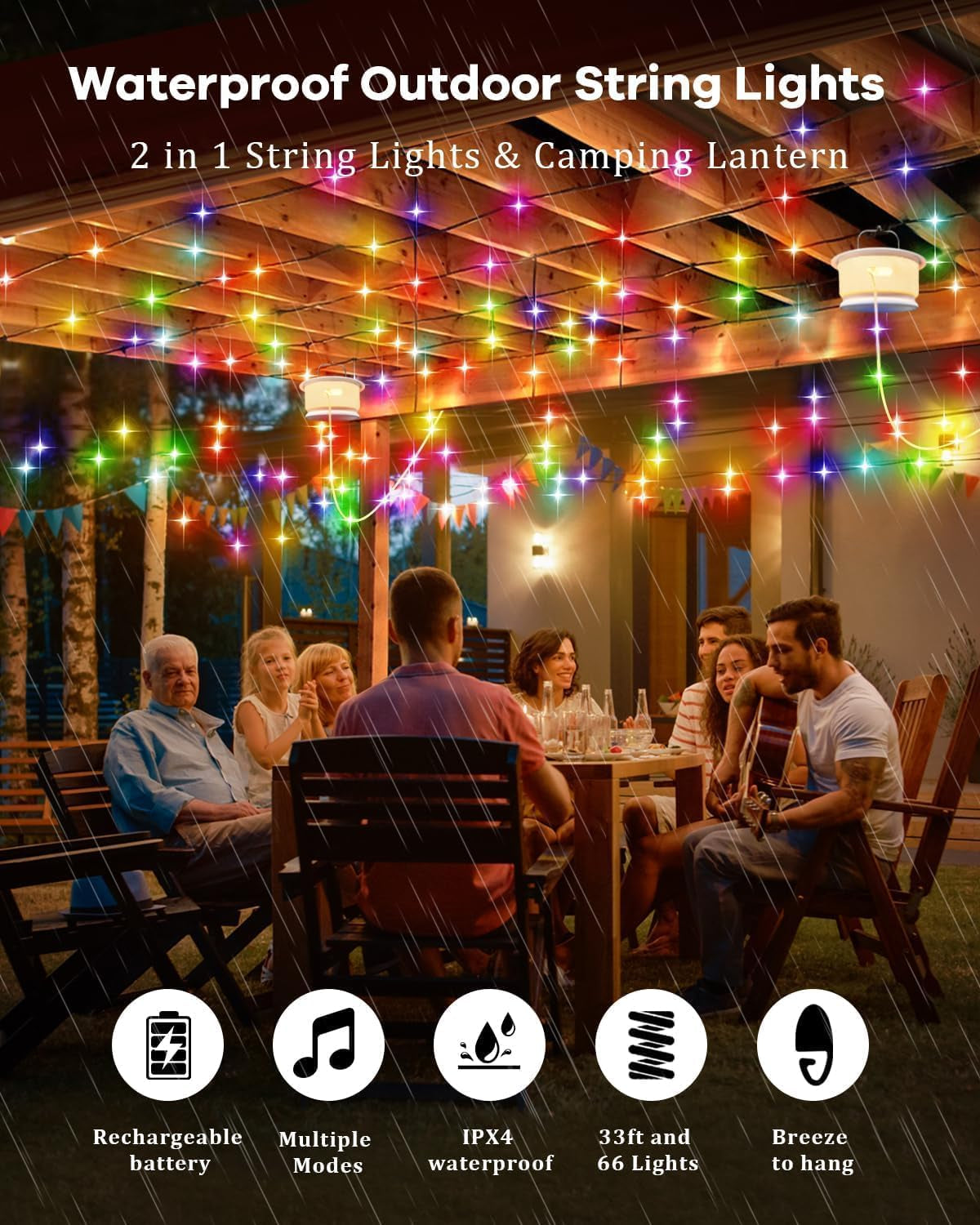 Camping String Lights, RGB Retractable String Lights Camping with 19 Lighting Modes, Quick 20S Recovery, 33FT Portable Camping Lights, Waterproof, Rechargeable Tent Lights for Yard Bedroom Decor