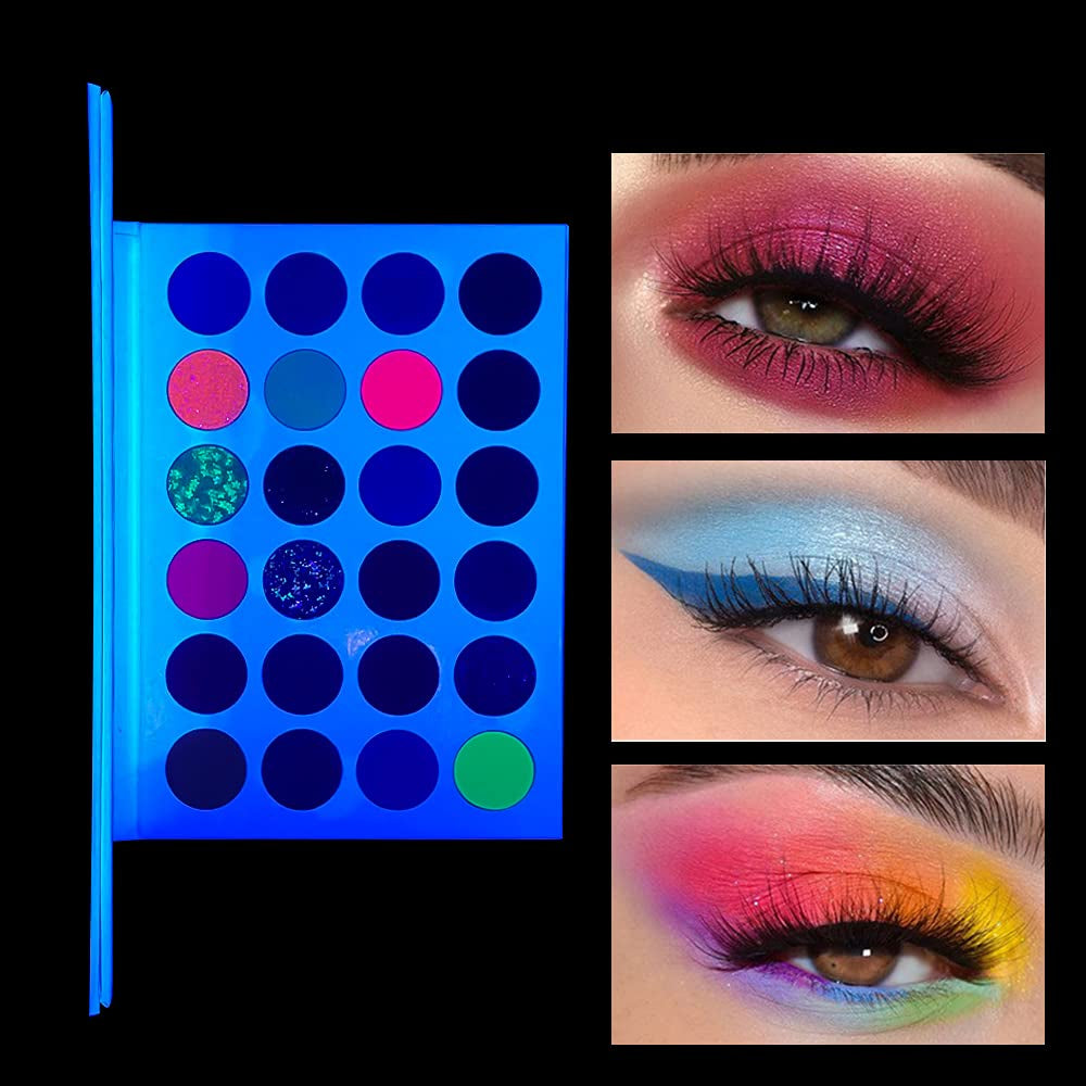 24 Colors Neon Glitter Eyeshadow Palette UV Luminous Matte and Glitter Makeup Pallet Shimmer Eye Makeup Waterproof and Sweat Resistant Eye Shadow (24 Colors)
