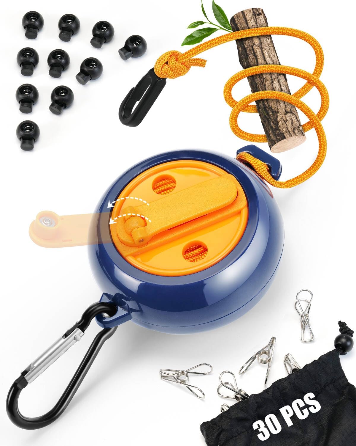 Portable Travel Clothesline, 32.8Ft Retractable Clothesline, Camping Clothes Line with 20 Clothespins & 10 Stoppers, Clothes Lines for Hanging Clothes Outside, Indoor or Outdoor (Blue-Orange)