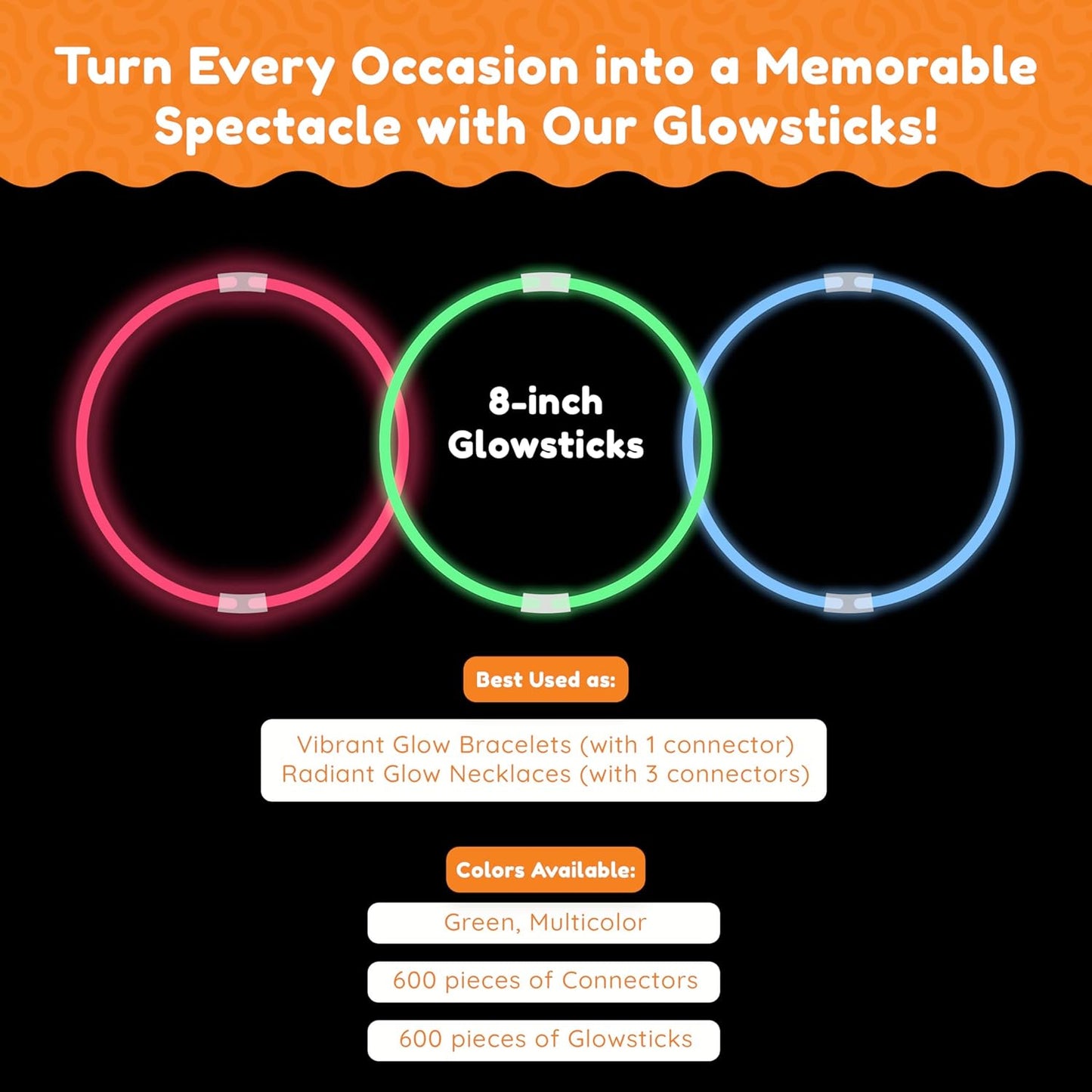 209Pcs Glow Sticks Bulk Party Pack Includes 100 8" Glow Sticks and 109 Accessories, with Bonus Connectors for Glow Sphere and Eye Glasses, for Party Festivals Rave Halloween