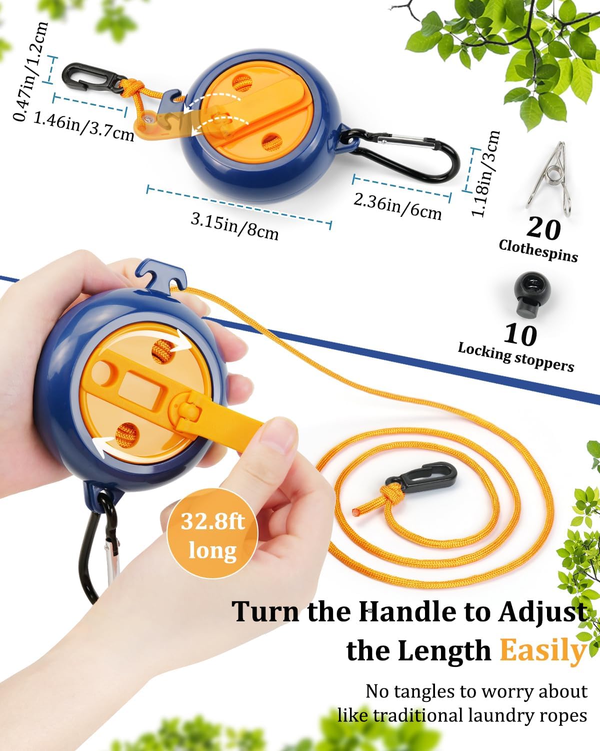 Portable Travel Clothesline, 32.8Ft Retractable Clothesline, Camping Clothes Line with 20 Clothespins & 10 Stoppers, Clothes Lines for Hanging Clothes Outside, Indoor or Outdoor (Blue-Orange)