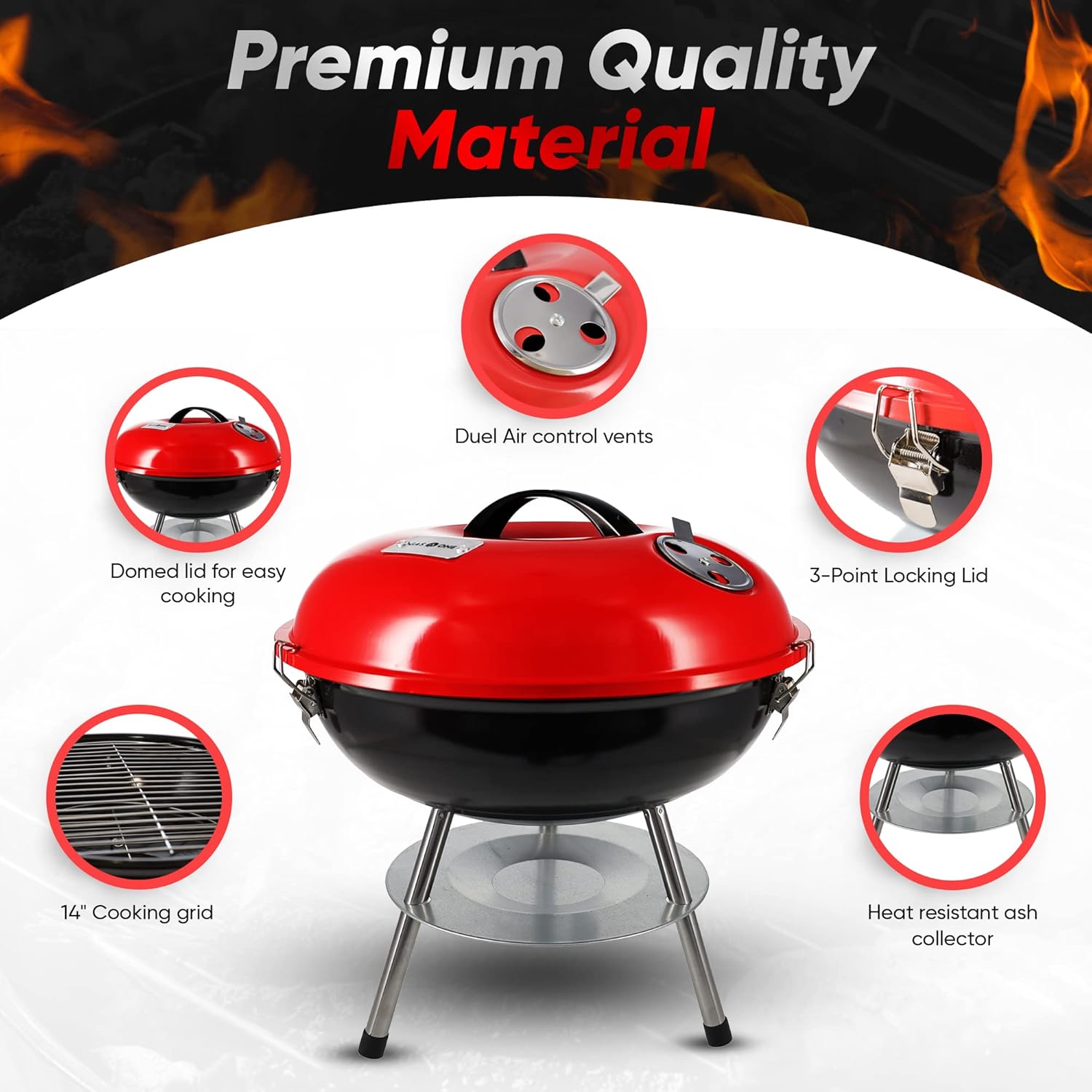 – 14-Inch Portable Barbecue Grill with 3-Point Locking Lid for Heat Preservation – Dual Venting System – Small Charcoal Grill for Backyard, Camping, Boat