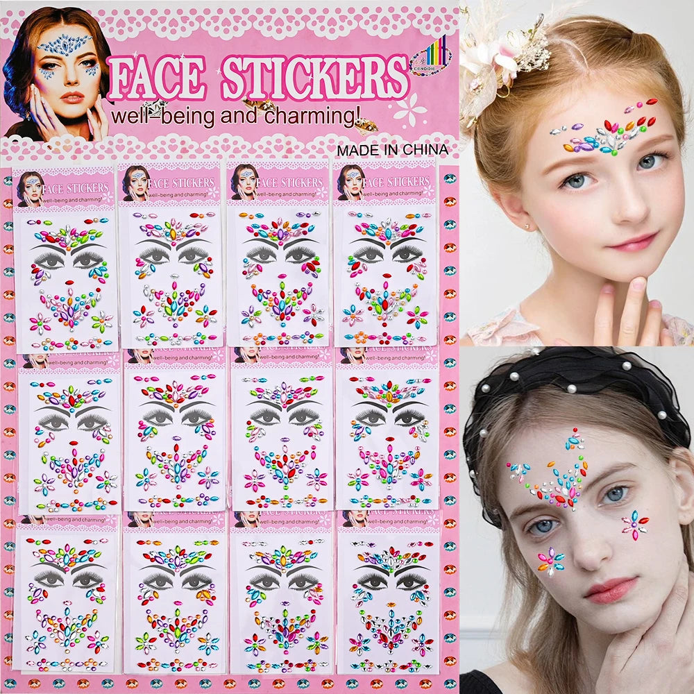 1Sheet 900Pcs Rainbow Face Glittle Gem Stickers Stick-On Facial Tattoo Eye Rhinestone Jewels 3/4/5Mm Mix Wedding Party Make Up