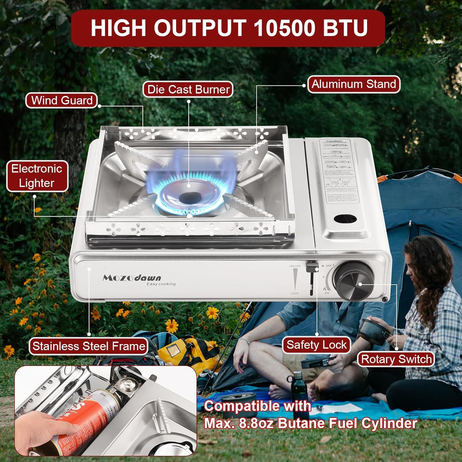 Camping Stove with Carrying Case, 10500 BTU Portable Butane Gas Stove, Automatic Ignition Single Burner Gas Stove for Outdoor Cooking, Camping, Picnics, Hiking, Fishing, BBQ