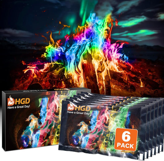 (6 Pack) Magic Campfire Fire Color Changing Packets for Fire Pit, Indoor/Outdoor Fireplace, Bonfire - Rainbow Magical Flame, Camping Accessory, Compatible with Wood
