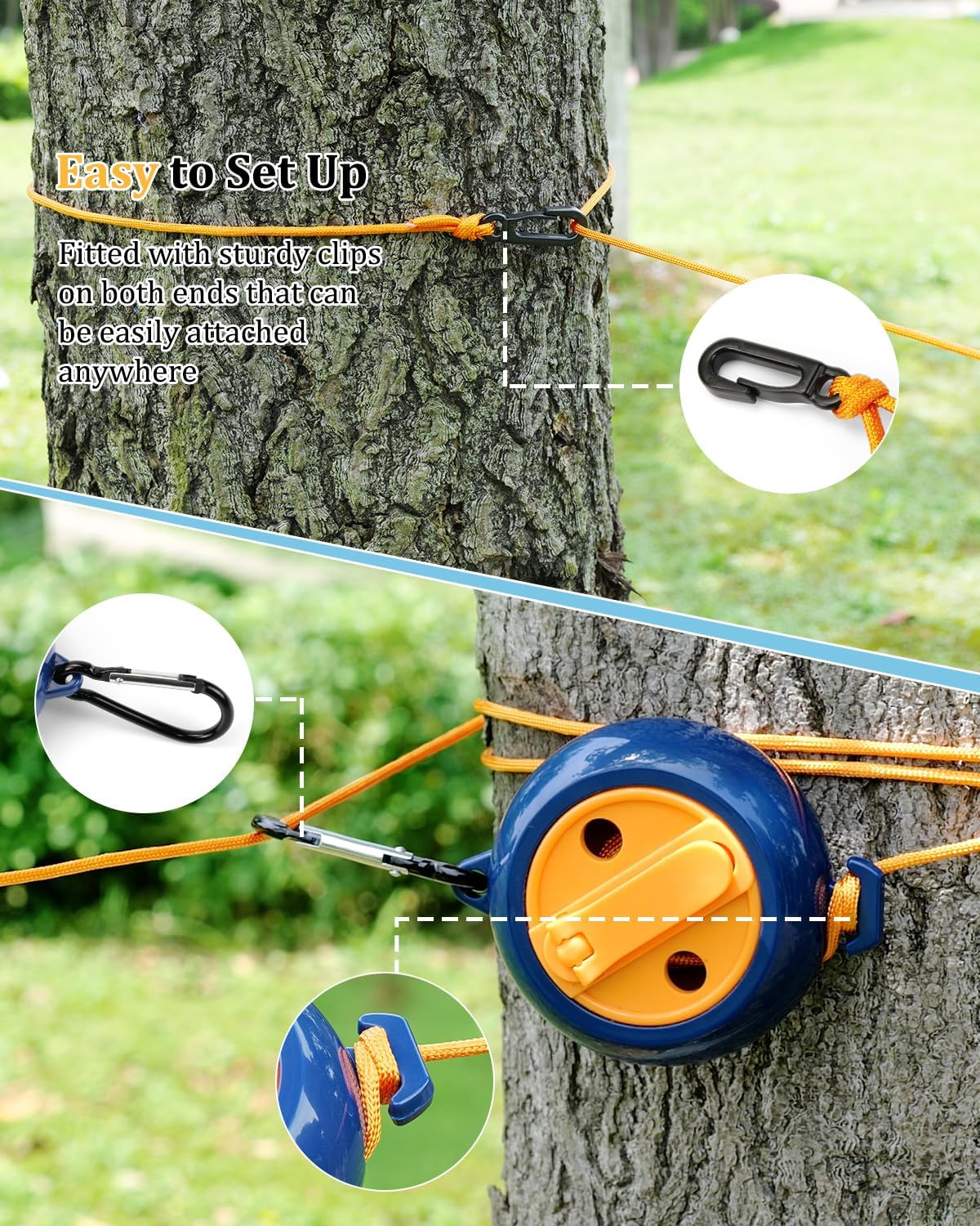 Portable Travel Clothesline, 32.8Ft Retractable Clothesline, Camping Clothes Line with 20 Clothespins & 10 Stoppers, Clothes Lines for Hanging Clothes Outside, Indoor or Outdoor (Blue-Orange)