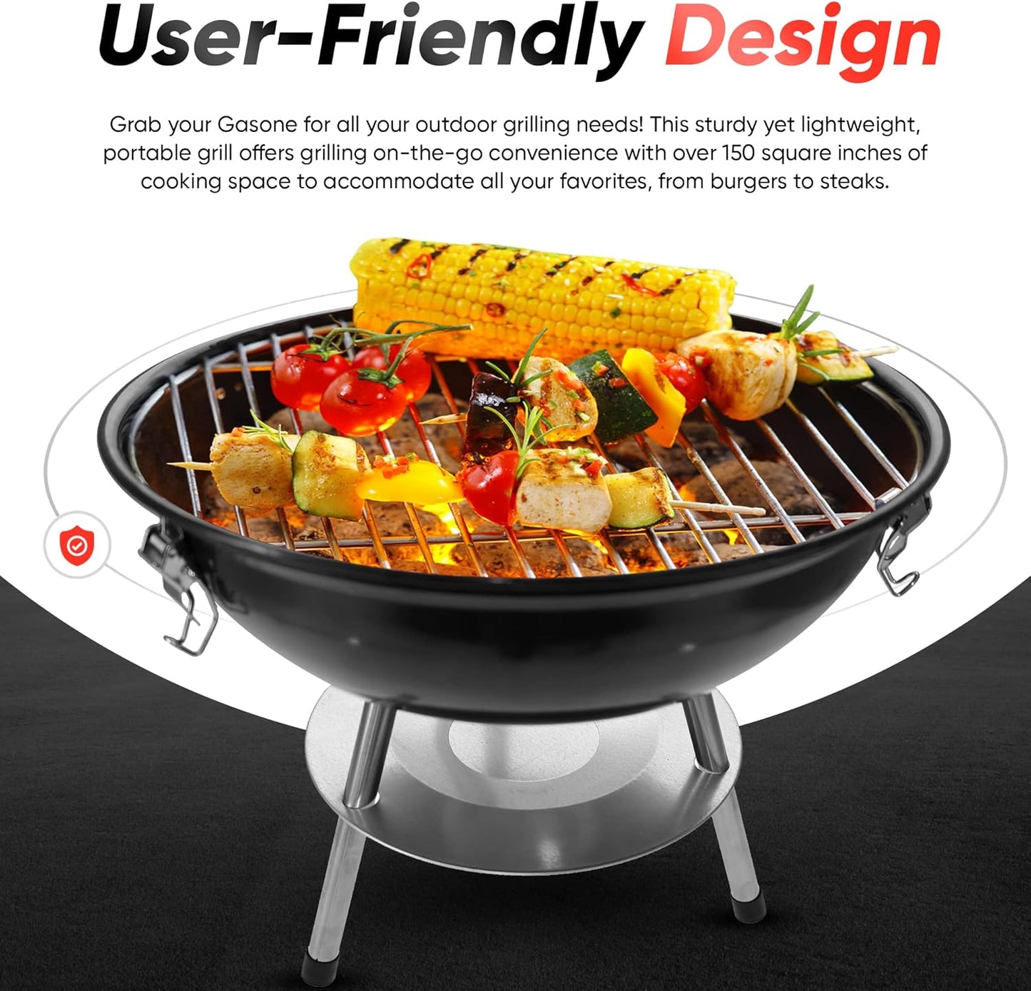 – 14-Inch Portable Barbecue Grill with 3-Point Locking Lid for Heat Preservation – Dual Venting System – Small Charcoal Grill for Backyard, Camping, Boat