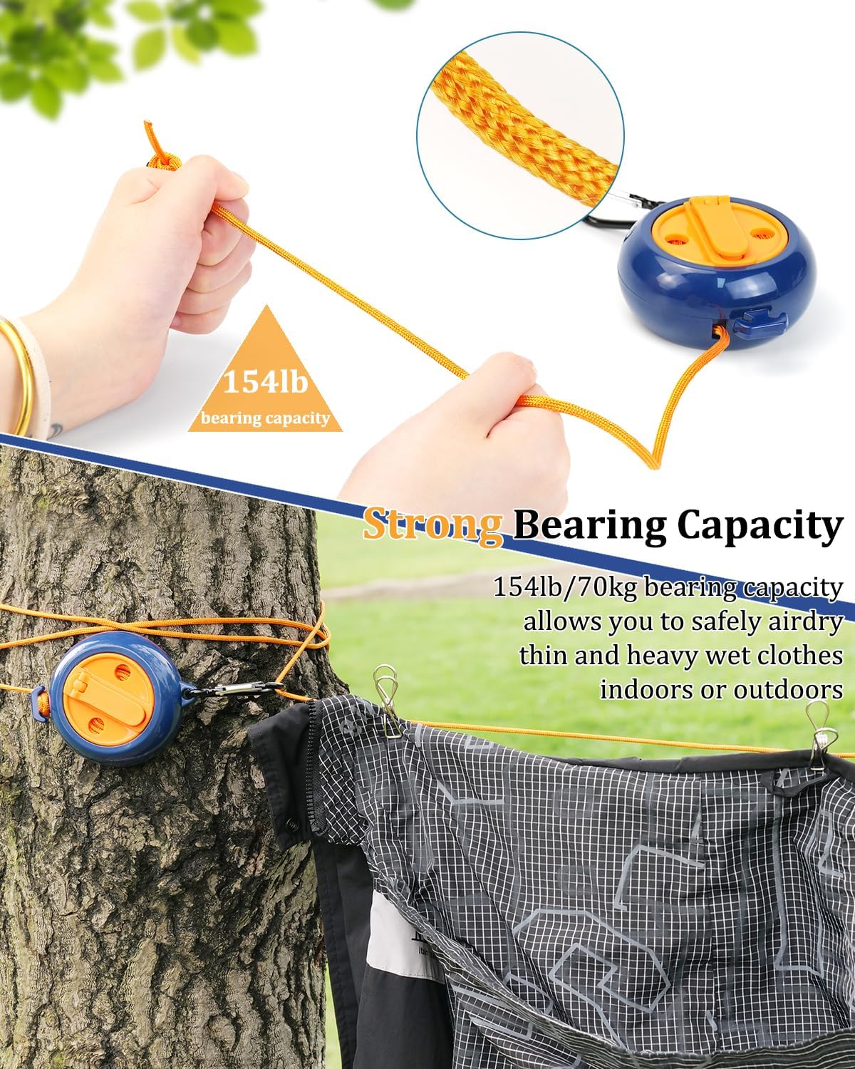 Portable Travel Clothesline, 32.8Ft Retractable Clothesline, Camping Clothes Line with 20 Clothespins & 10 Stoppers, Clothes Lines for Hanging Clothes Outside, Indoor or Outdoor (Blue-Orange)