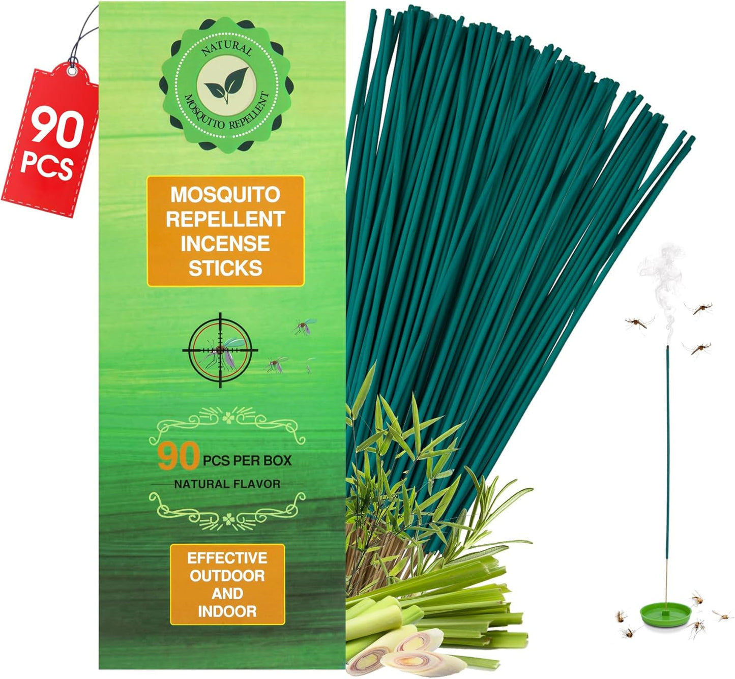 90 Pcs Natural Mosquito Repellent Coils for Outdoor Use, Citronella Incense Sticks Plant-Based Bug Repellent for Patio, Camping, Fishing