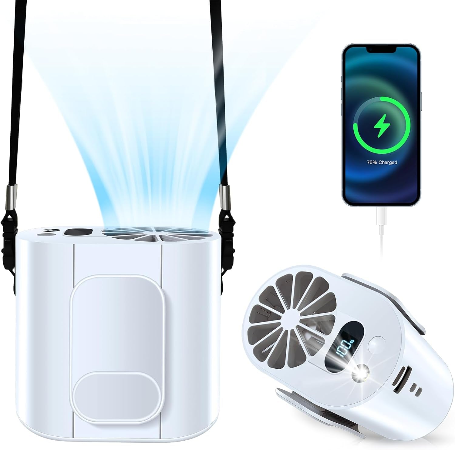 7000Mah Portable Waist Clip Fan, with LED Flashlight, 30H Cooling Personal Wearable Fan, 4-Speed 10000RPM Powerful and Silent Waist Fan, Rechargeable Hands-Free Fan for Outdoor Jobsite Camping