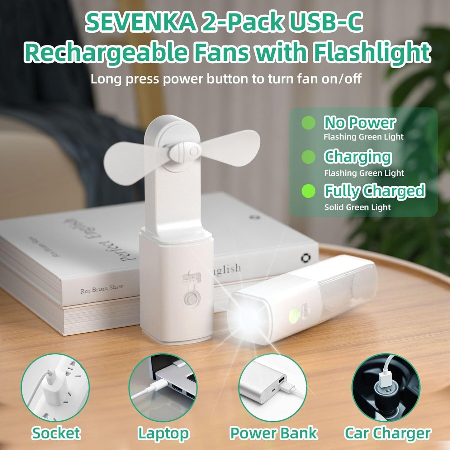 2-Pack Rechargeable Fan with Flashlight, 2In1 Mini Handheld Fans with Light, Pocket USB-C Rechargeable Hand Fans, Portable Fans Cooling and Lighting Solution for Summer Travel Camping Outdoor