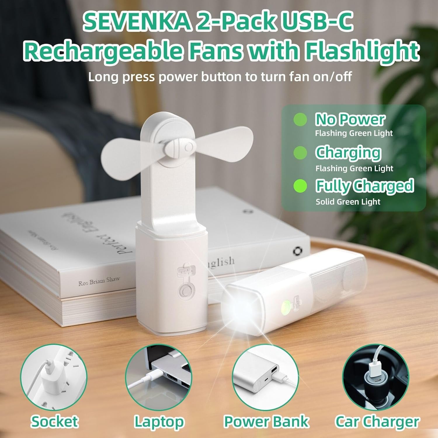 2-Pack Rechargeable Fan with Flashlight, 2In1 Mini Handheld Fans with Light, Pocket USB-C Rechargeable Hand Fans, Portable Fans Cooling and Lighting Solution for Summer Travel Camping Outdoor