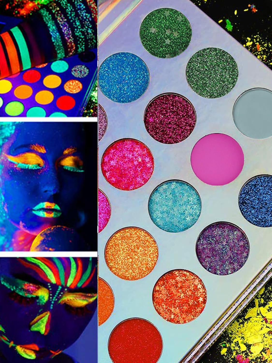 Neon Eyeshadow Glow Palette UV Glow Blacklight Matte and Glitter, 24 Colors Highly Pigmented Eyeshadow Kit with 4 Brushes for Face Body Makeup