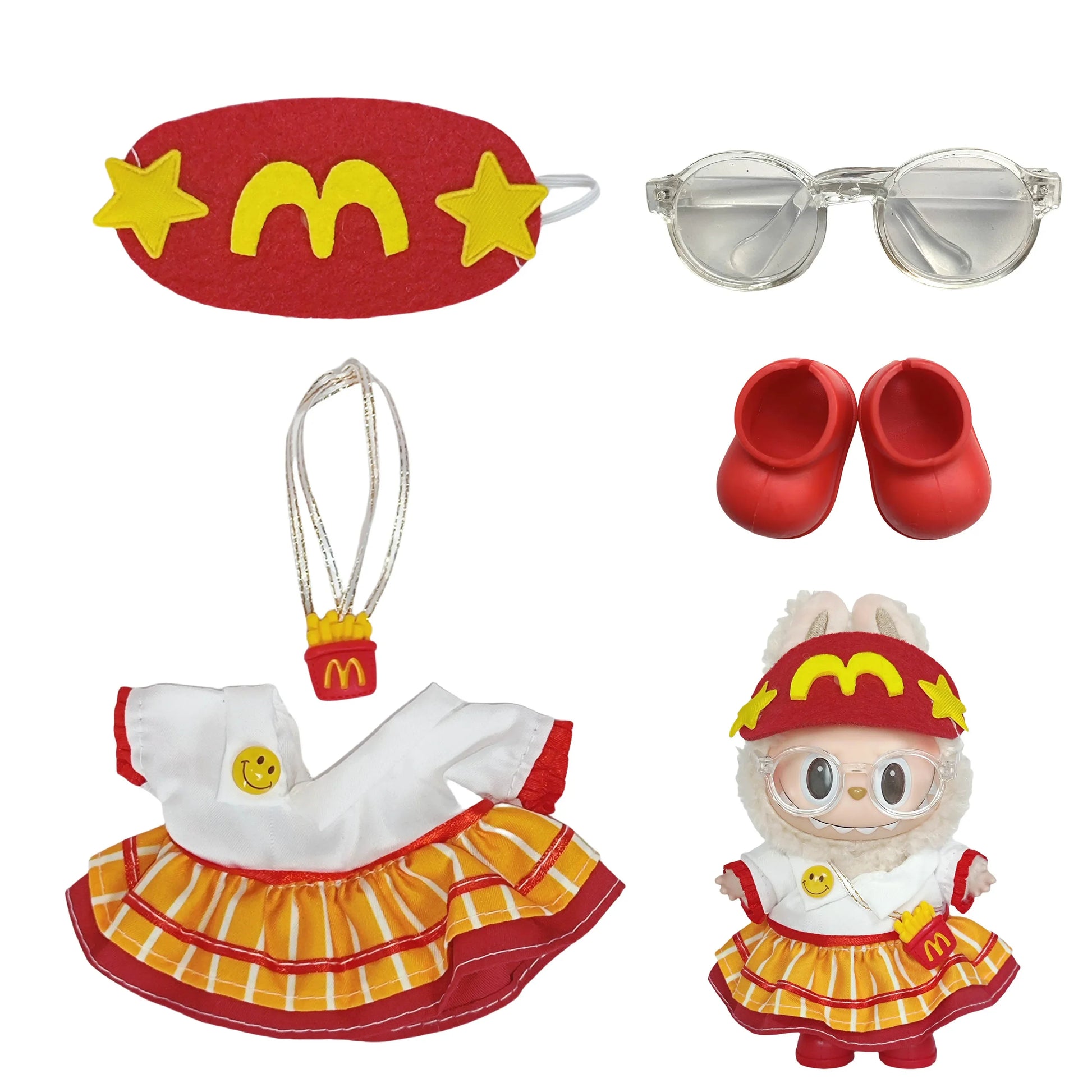 Clothes for Labubu Doll Clothes 17Cm - Little Mcdonald Three-Piece Set, Vinyl Keychain Plush Costume