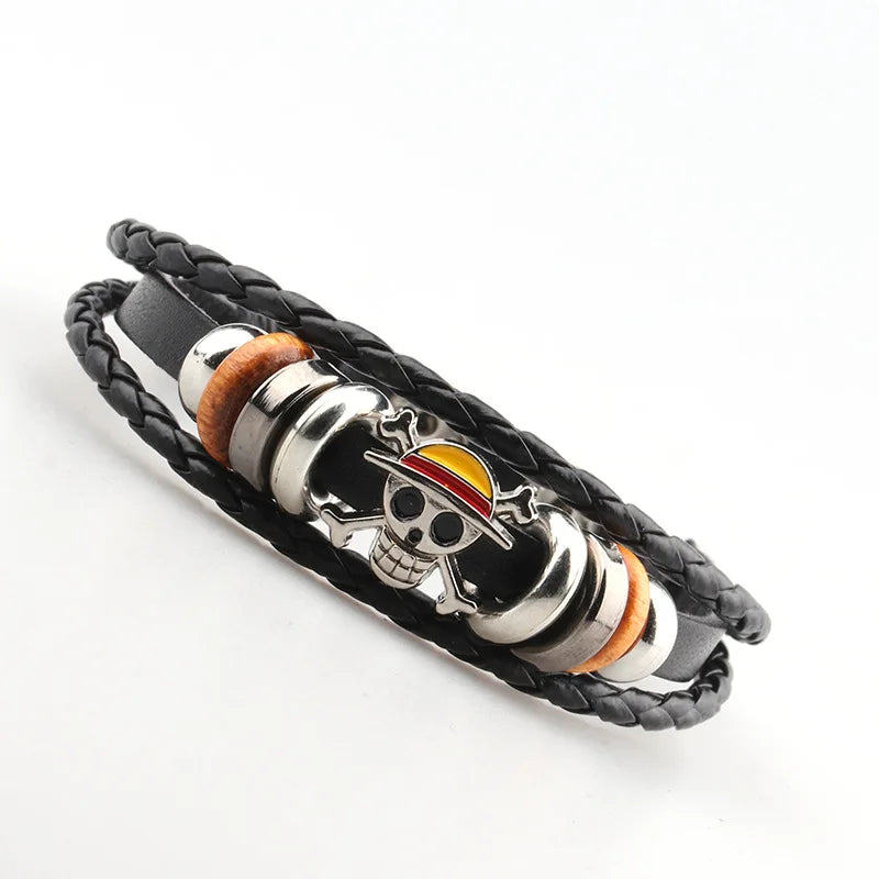 Anime One Piece Pirate Bracelet Cartoon Action Luffy Straw Hat Punk Retro Style Black Leather Woven Bracelet Toy Birthday Gift