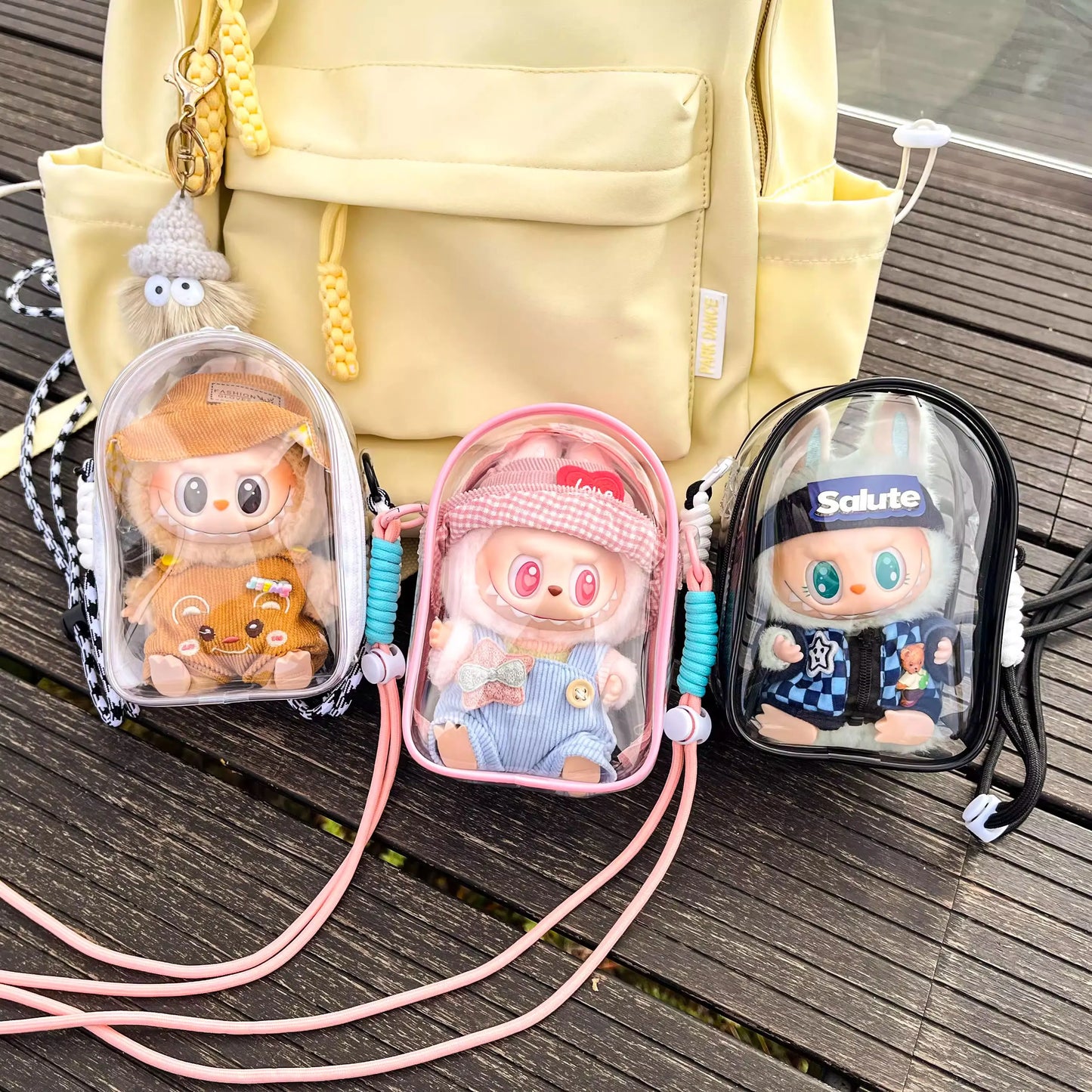 Labubu Sitting Party Cotton Doll Shoulder Bag - Stylish PVC Storage & Dustproof Walk Bag (15cm)