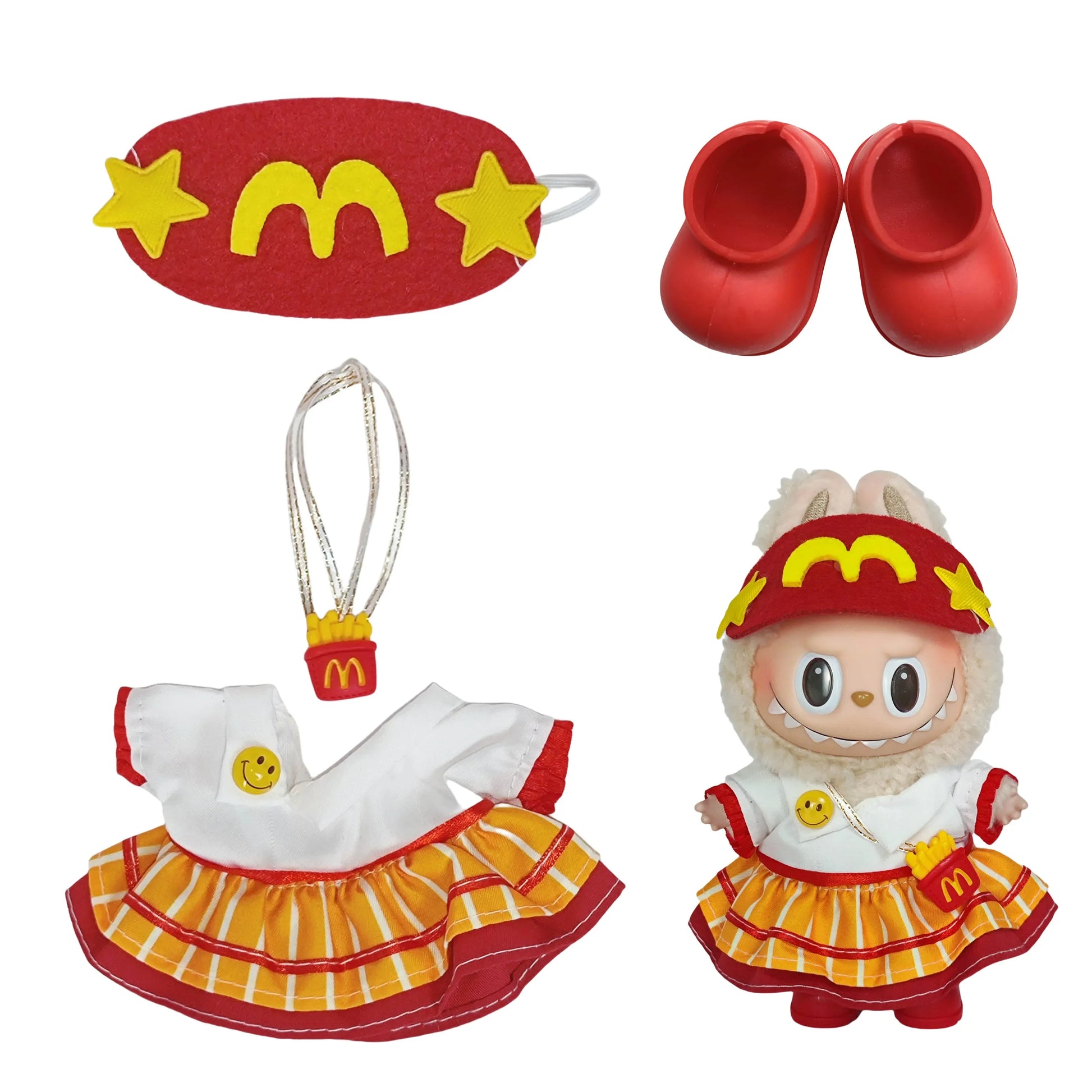 Clothes for Labubu Doll Clothes 17Cm - Little Mcdonald Three-Piece Set, Vinyl Keychain Plush Costume