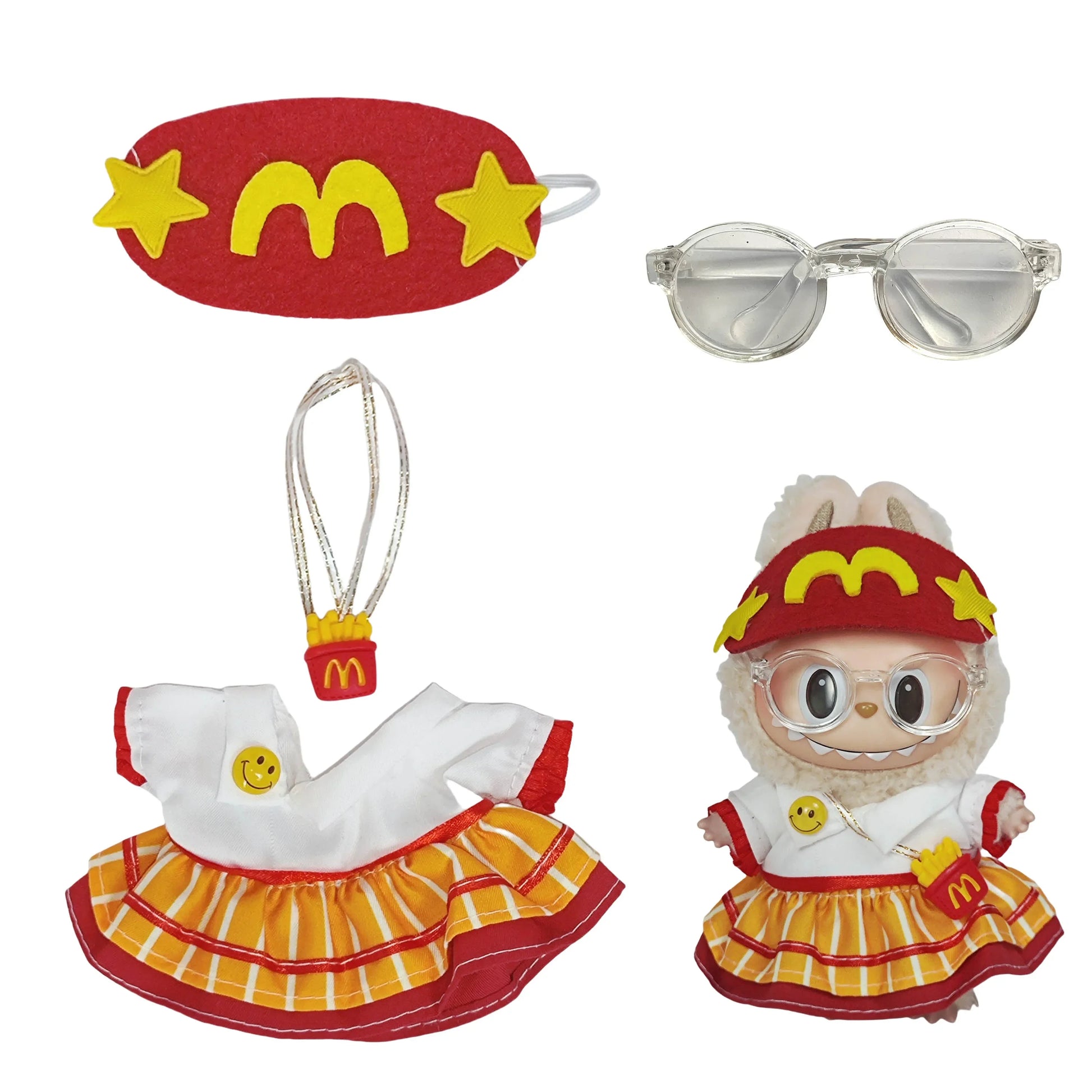 Clothes for Labubu Doll Clothes 17Cm - Little Mcdonald Three-Piece Set, Vinyl Keychain Plush Costume
