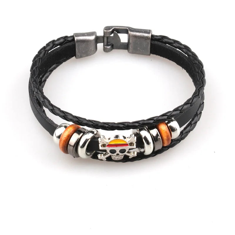 Anime One Piece Pirate Bracelet Cartoon Action Luffy Straw Hat Punk Retro Style Black Leather Woven Bracelet Toy Birthday Gift