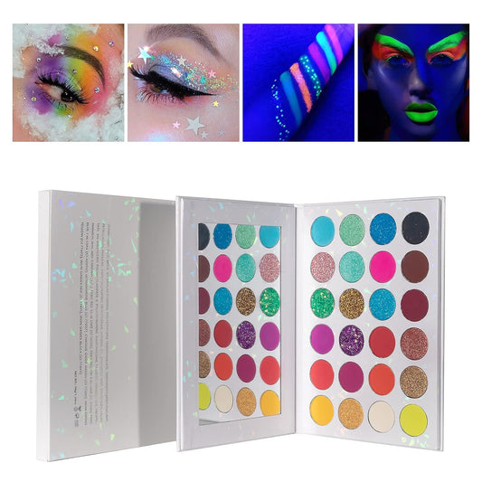 24 Colors Neon Glitter Eyeshadow Palette UV Luminous Matte and Glitter Makeup Pallet Shimmer Eye Makeup Waterproof and Sweat Resistant Eye Shadow (24 Colors)