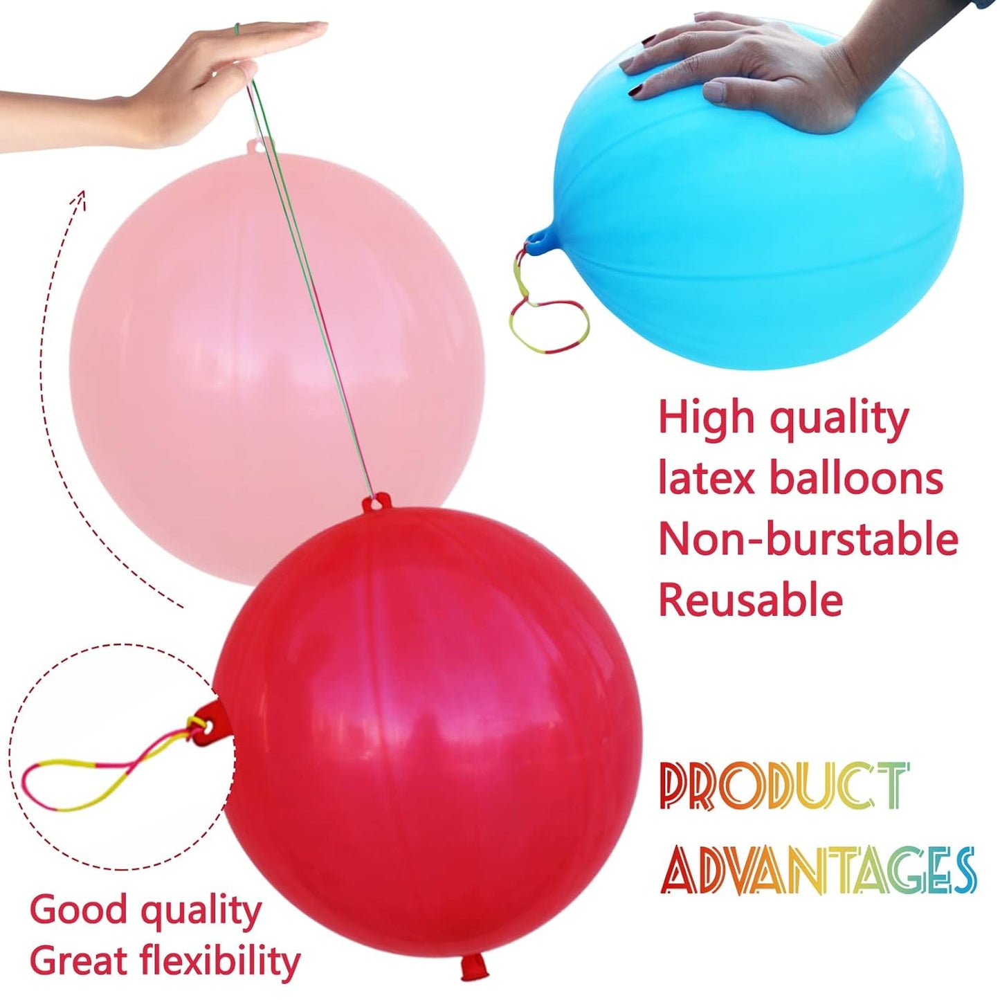 30Pcs Punch Balloons, Thickened Neon Punching Balloon Heavy Duty Party Favors for Kids with Rubber Band Handle, Bouncy Balls for Birthday Weddings Goodie Bag Supply