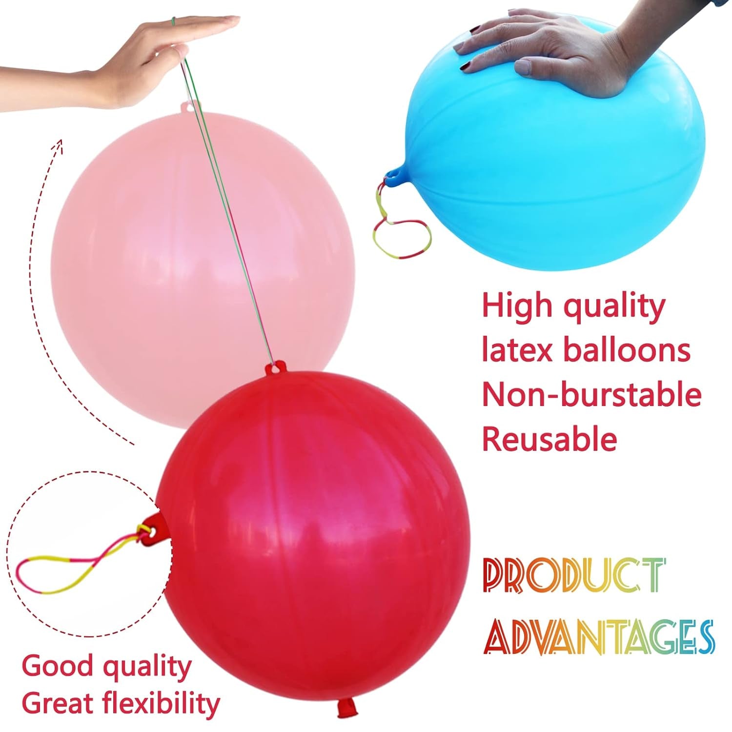 30Pcs Punch Balloons, Thickened Neon Punching Balloon Heavy Duty Party Favors for Kids with Rubber Band Handle, Bouncy Balls for Birthday Weddings Goodie Bag Supply