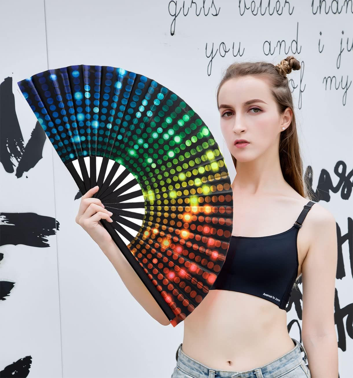 Large Folding Hand Rave Fan for Women/Men, Chinease/Japanese Bamboo and Nylon-Cloth Handheld Fans, Perfect for Cooling, Dance, Decoration & Wedding (DJ Lighting)