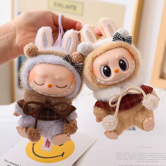 17Cm Labubu Doll Clothes Macaron Sitting Party Christmas Checkered Plush Cloak Clothes Labubu V2 Clothes Christmas Costumes