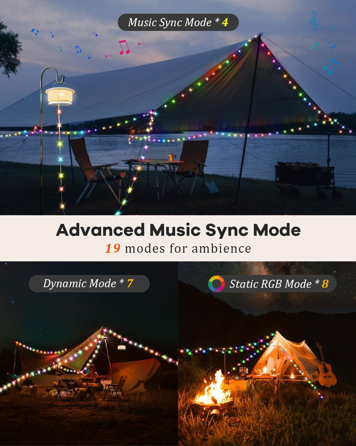 Camping String Lights, RGB Retractable String Lights Camping with 19 Lighting Modes, Quick 20S Recovery, 33FT Portable Camping Lights, Waterproof, Rechargeable Tent Lights for Yard Bedroom Decor