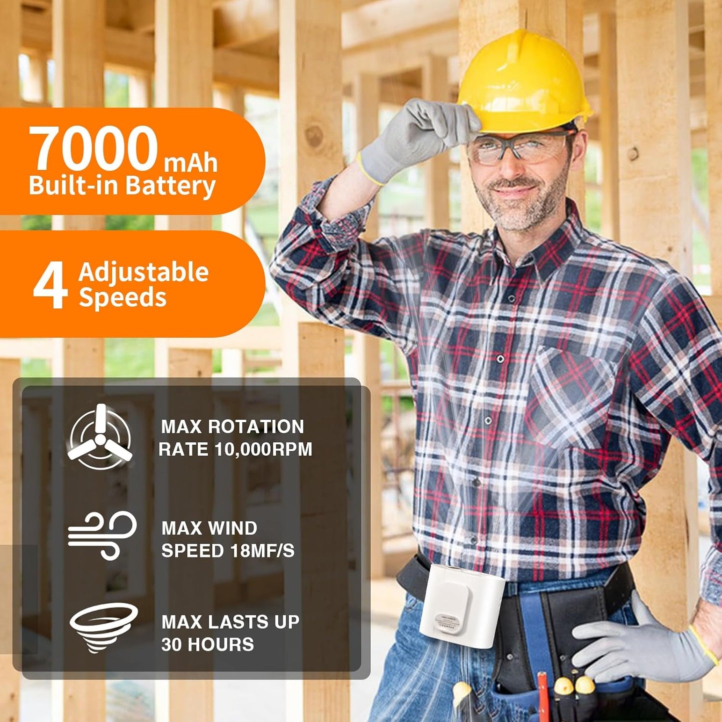 7000Mah Portable Waist Clip Fan, with LED Flashlight, 30H Cooling Personal Wearable Fan, 4-Speed 10000RPM Powerful and Silent Waist Fan, Rechargeable Hands-Free Fan for Outdoor Jobsite Camping