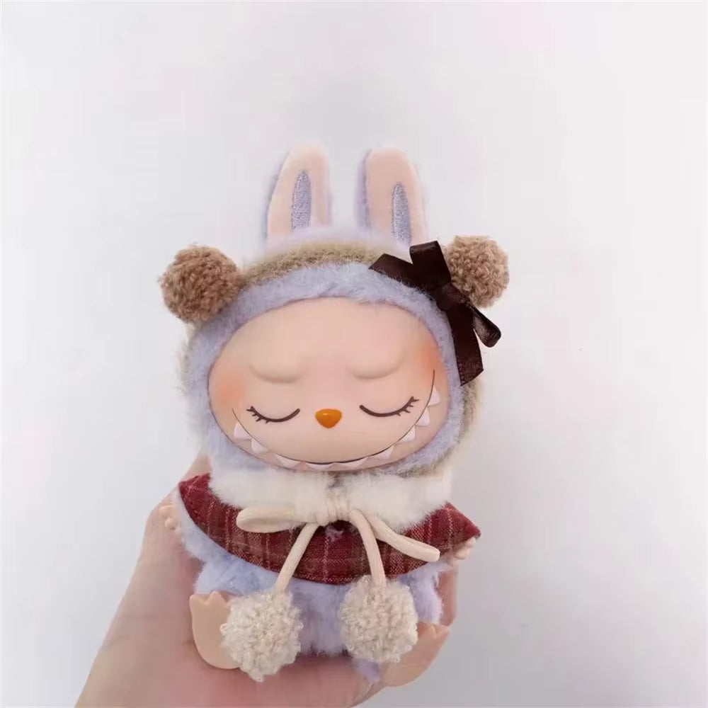 17Cm Labubu Doll Clothes Macaron Sitting Party Christmas Checkered Plush Cloak Clothes Labubu V2 Clothes Christmas Costumes