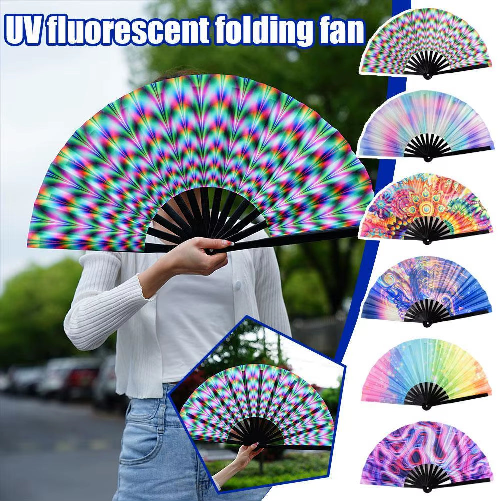 33Cm Large Folding Hand Rave Fan Chinease/Japanese Gradient Colorful Reflective Foldable Fan Music Festival Fan Dance Fan Gifts